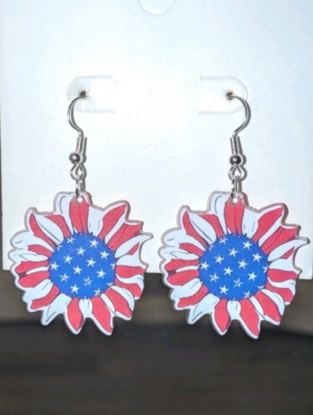 Patriotic Sunflower Dangle Earrings - Red, White & Blue
